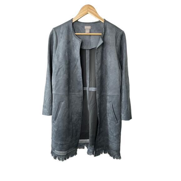 Chico's Gray Faux-Suede Trim-Detail Fringe Jacket Women's Size Medium 8 10 - Picture 1 of 13